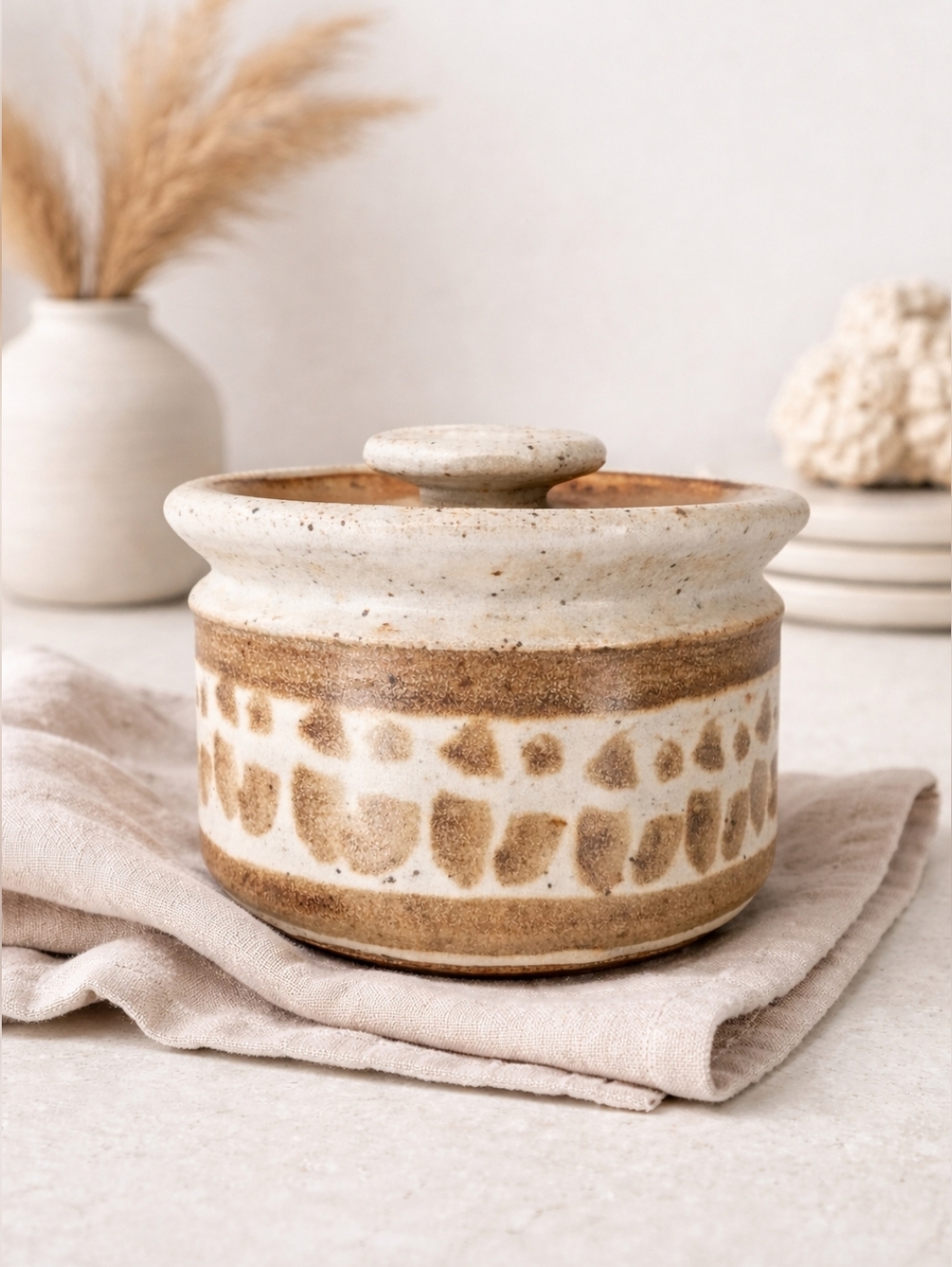 Dick Ward Handmade Stoneware Lidded Jar in Cream and Brown